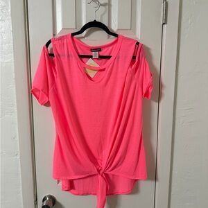 HEIMISH USA Neon Pink Cold-Shoulder Tie-Front Tee